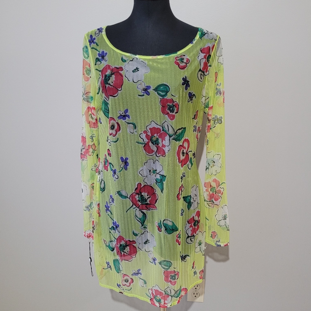 SHAN Floral Mesh Cover Long Sleeve Dress Neon Green